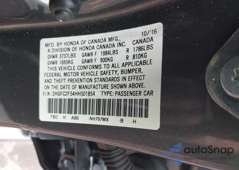 2017 Honda Civic Lx z USA, uszkodzony, nr VIN 2HGFC2F54HH501854